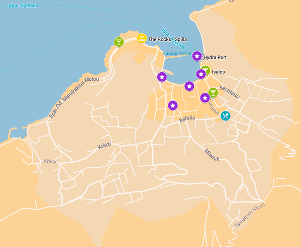 Map of Hydra Town showing recommended places