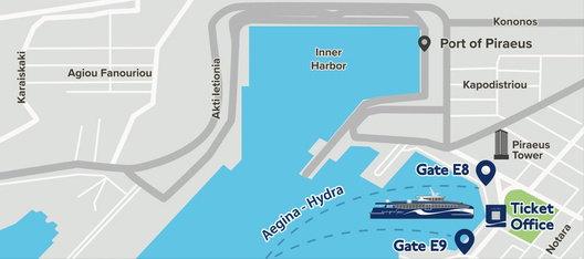 Map showing Piraeus ferry Gates E8 and E9